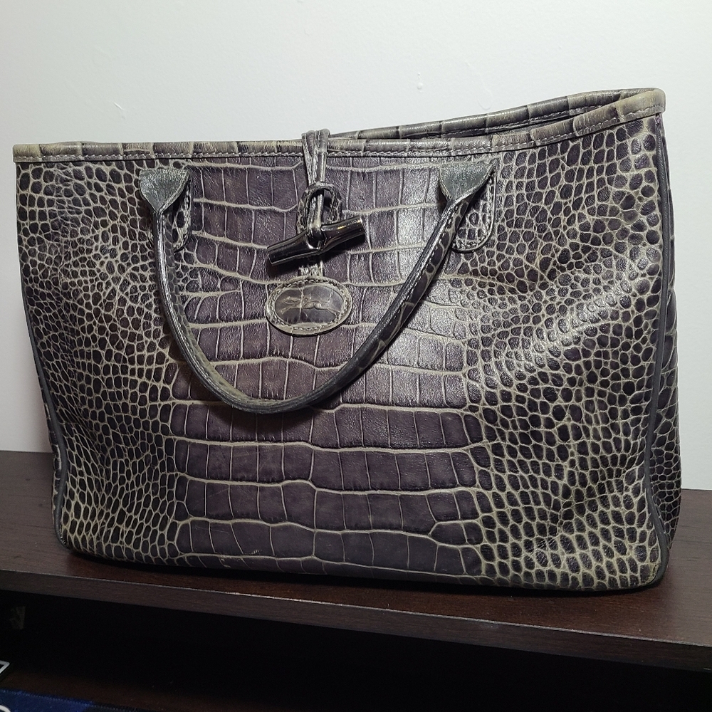 Longchamp Crocodile Brown Green Embossed Tote